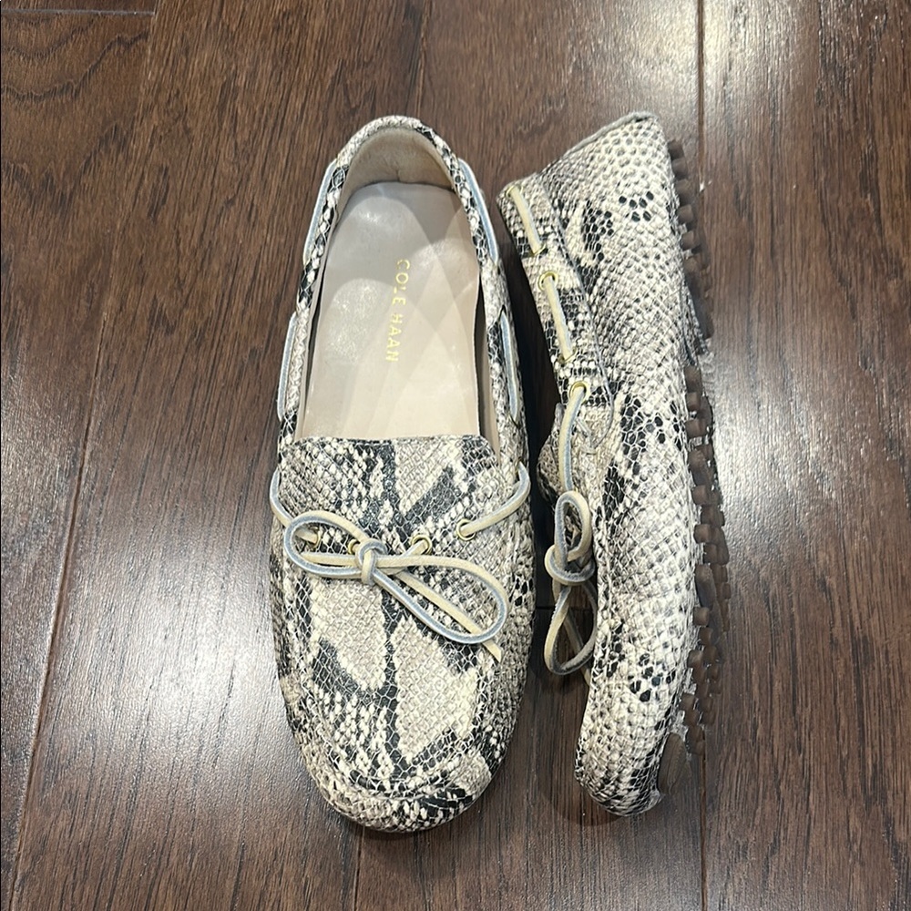 Cole Haan Snake Print Loafers in Cream, Black, and Gray